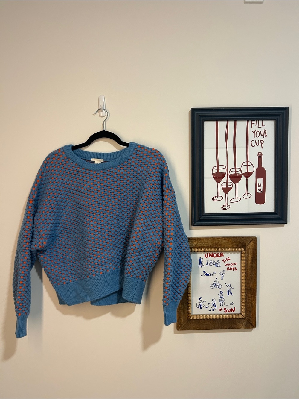 H&M Blue and Coral Crewneck Knit Sweater